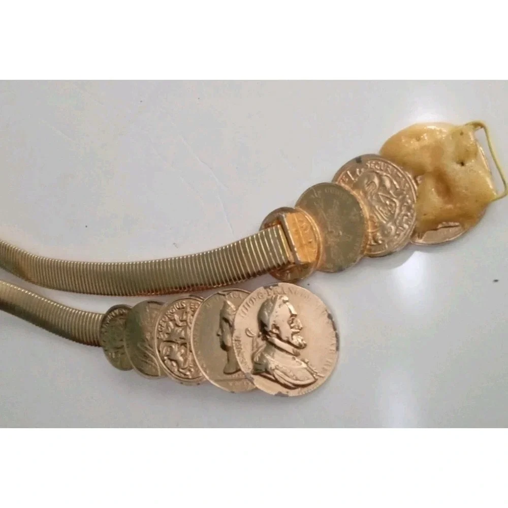 Vintage Gold Tone Coin Belt Elastic Stretch Waist Belt‎ Fashion Accessory